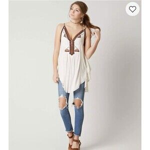 Free People Around The World Tunic Tank Top Ivory Embroidered Cottagecore M NWT